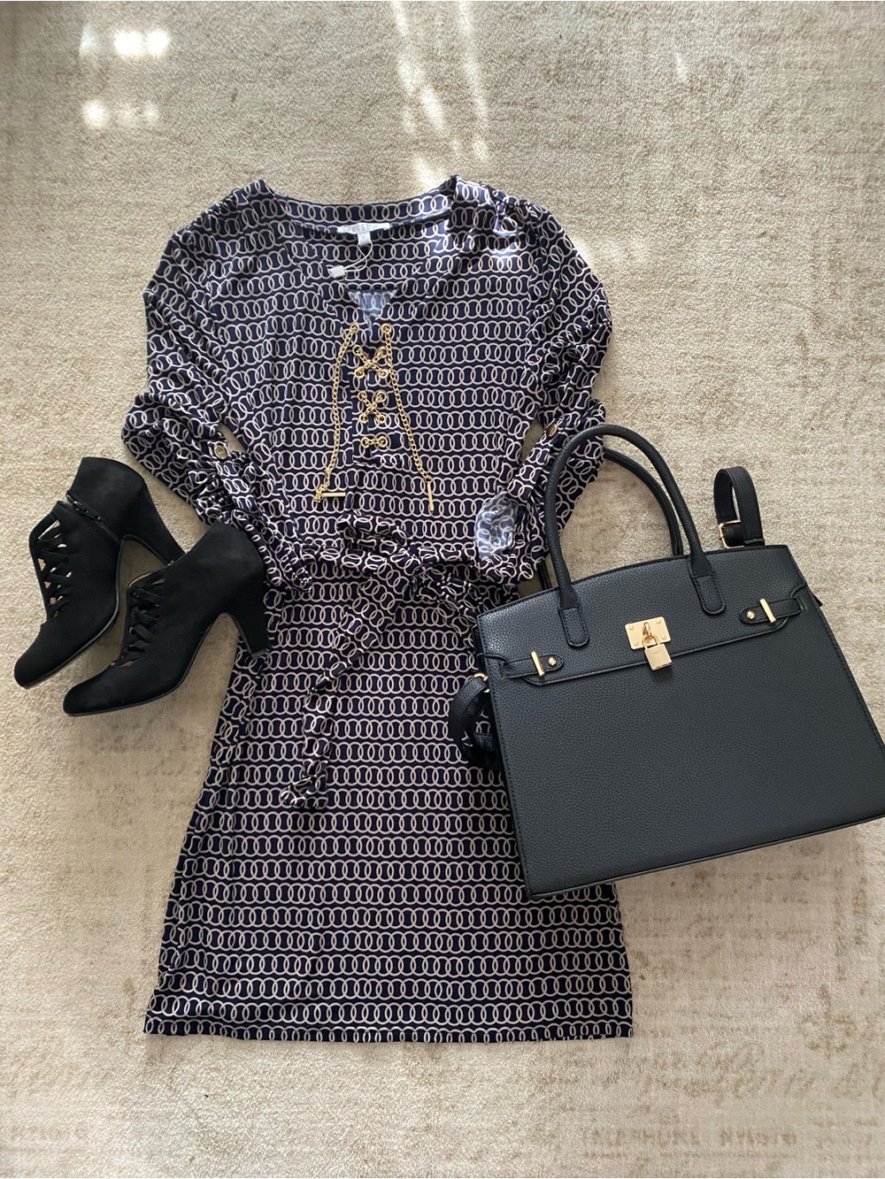 Spense navy blue and White Chain-Link Midi Dress